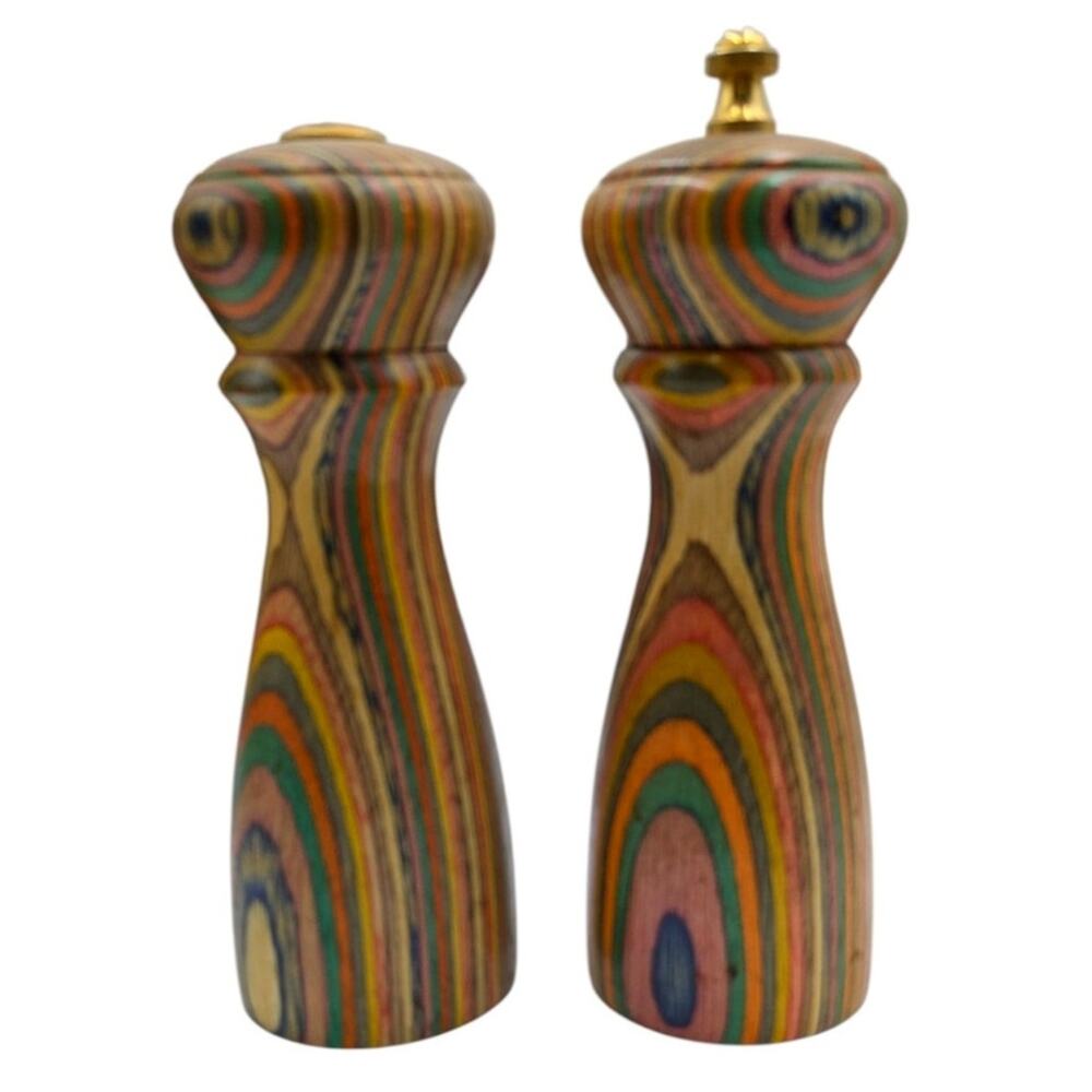 Vintage MR DUDLEY Staved Wood Pepper Mill & Salt Shaker Set Unique Rainbow
